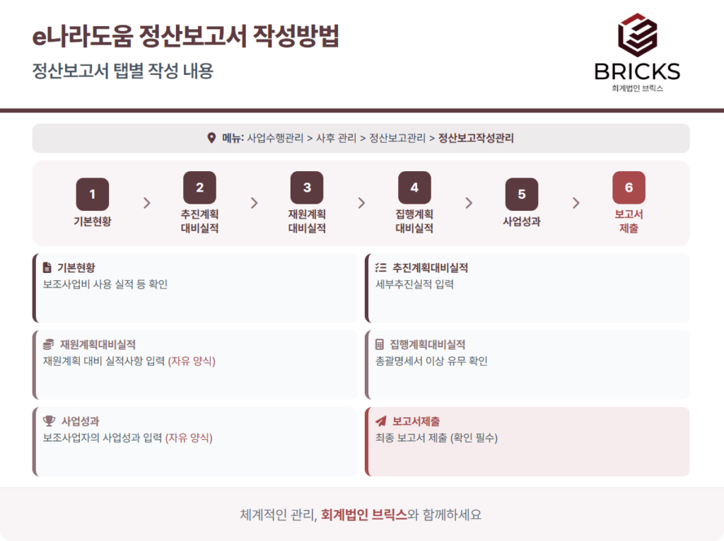 e나라도움_정산보고서_작성방법_정산보고서-탭별-작성내용_회계법인브릭스